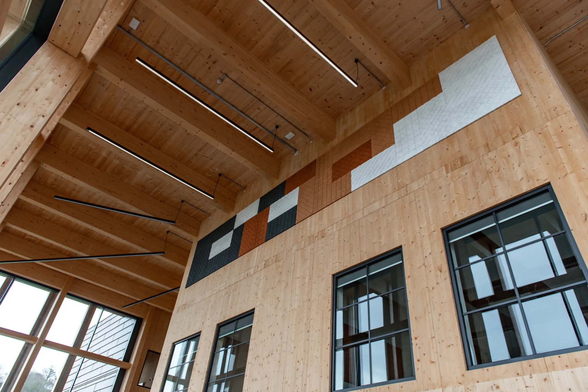 Interior windows and wooden ceiling of the Midlands Centre for Cyber Security