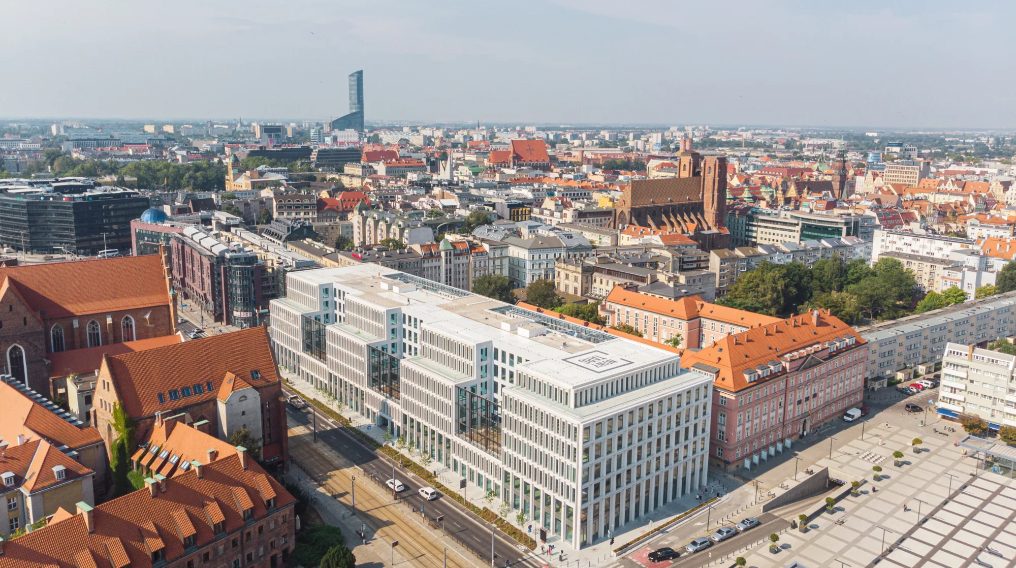 An aerial view of the office building in the city centre