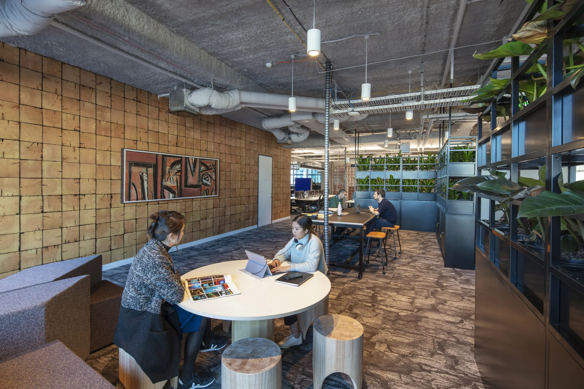 Study space, bespoke wallpaper, greenery and students studying pictured.