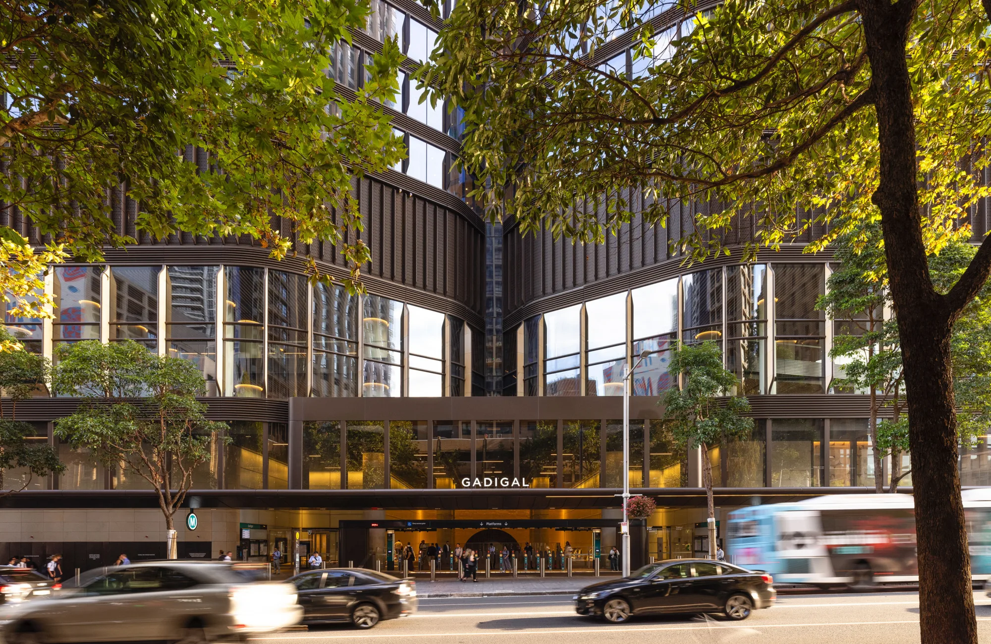 Street-level view of a modern glass building with a central entrance labeled “GADIGAL.” Trees frame the foreground, and several cars and a bus are visible on the road in front.