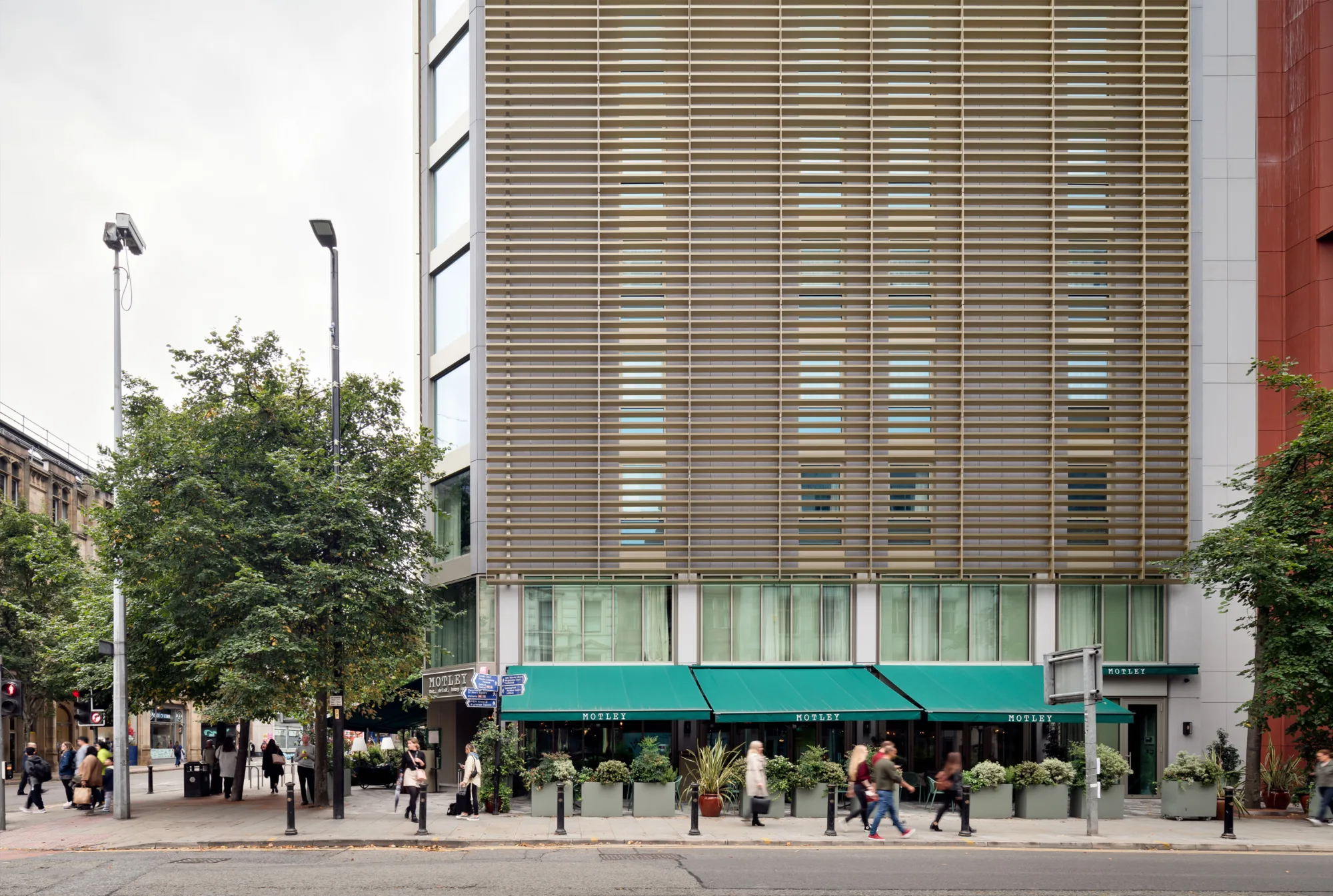 Restaurant entrance and outdoor seating area on Deansgate