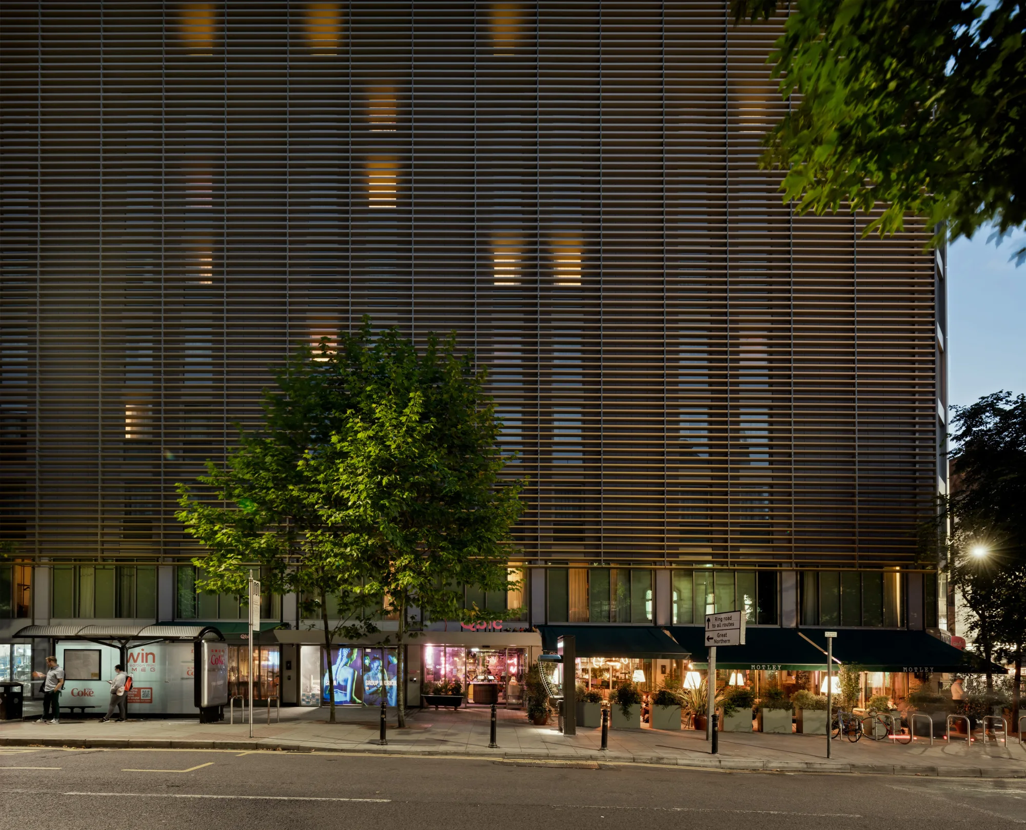 Hotel entrance and outdoor seating area