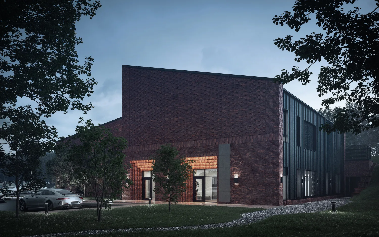 CGI of front of building at twilight, trees and a car in foreground