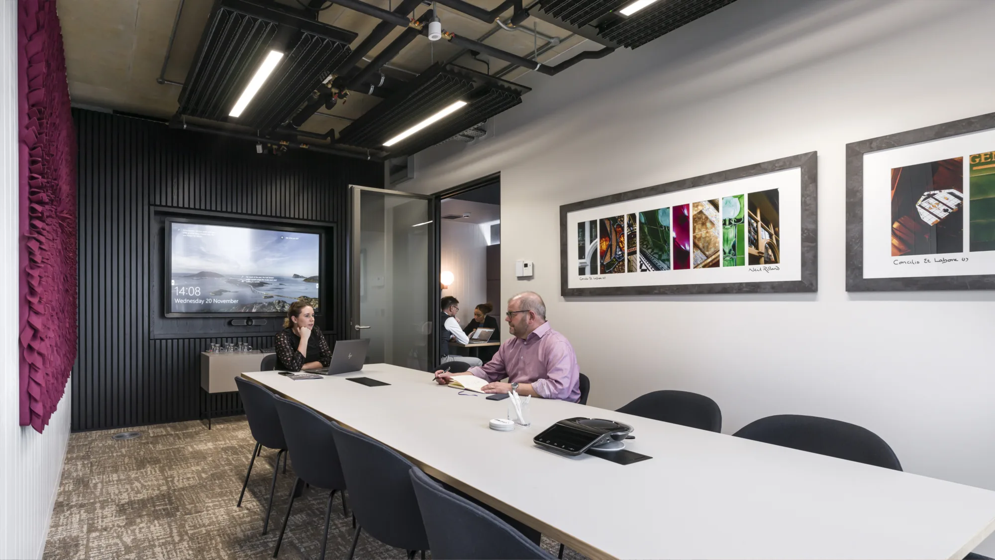 Meeting room with wooden acoustic panels
