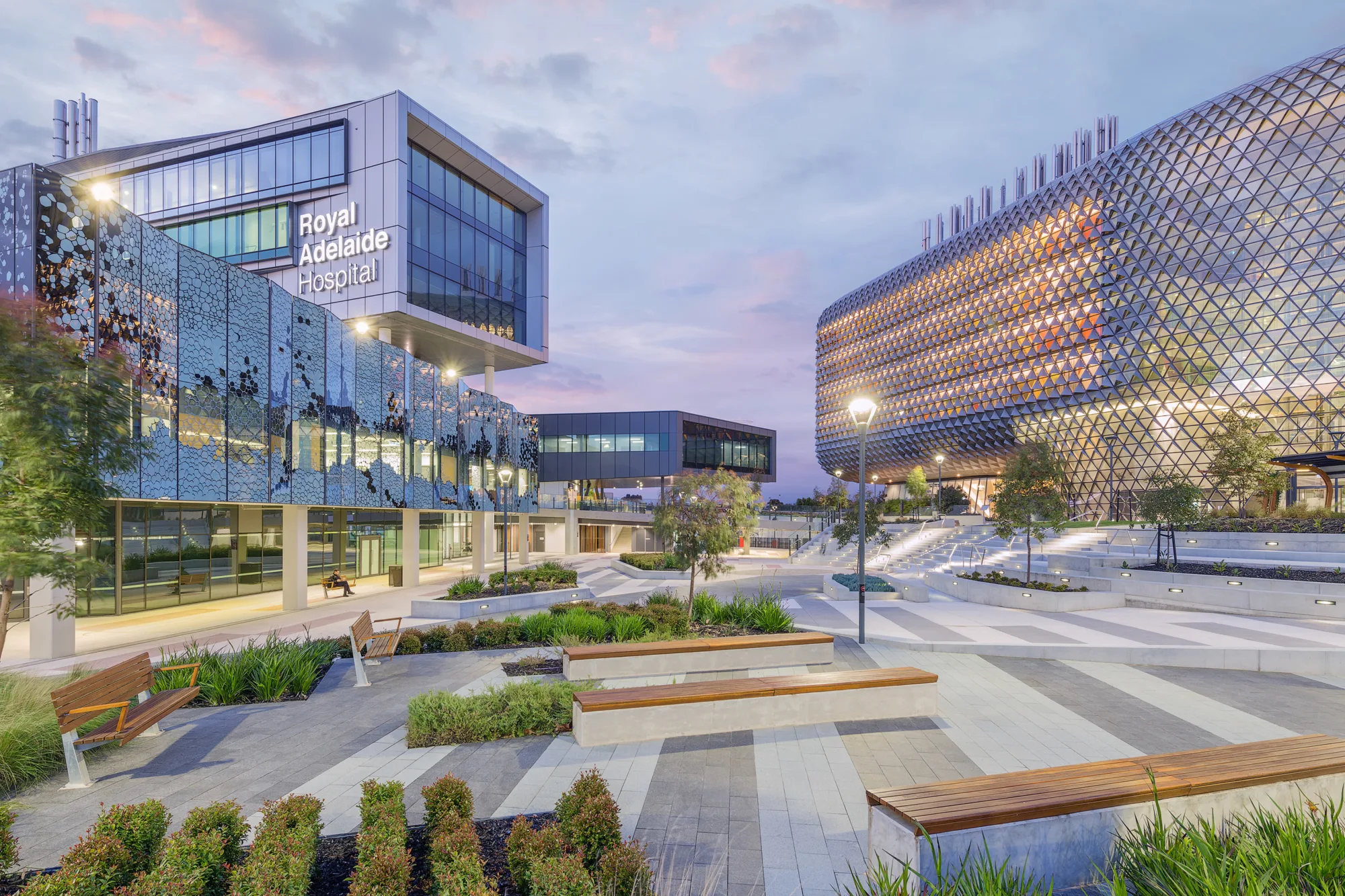 Lit courtyard outside the Royal Adelaide Hospital entrance