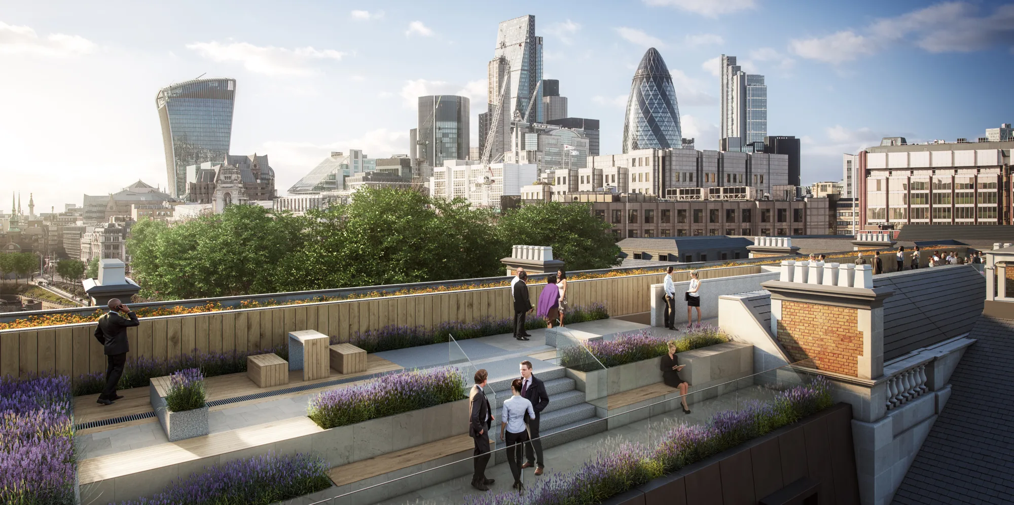 A rooftop terrace showing views of London landmark buildings