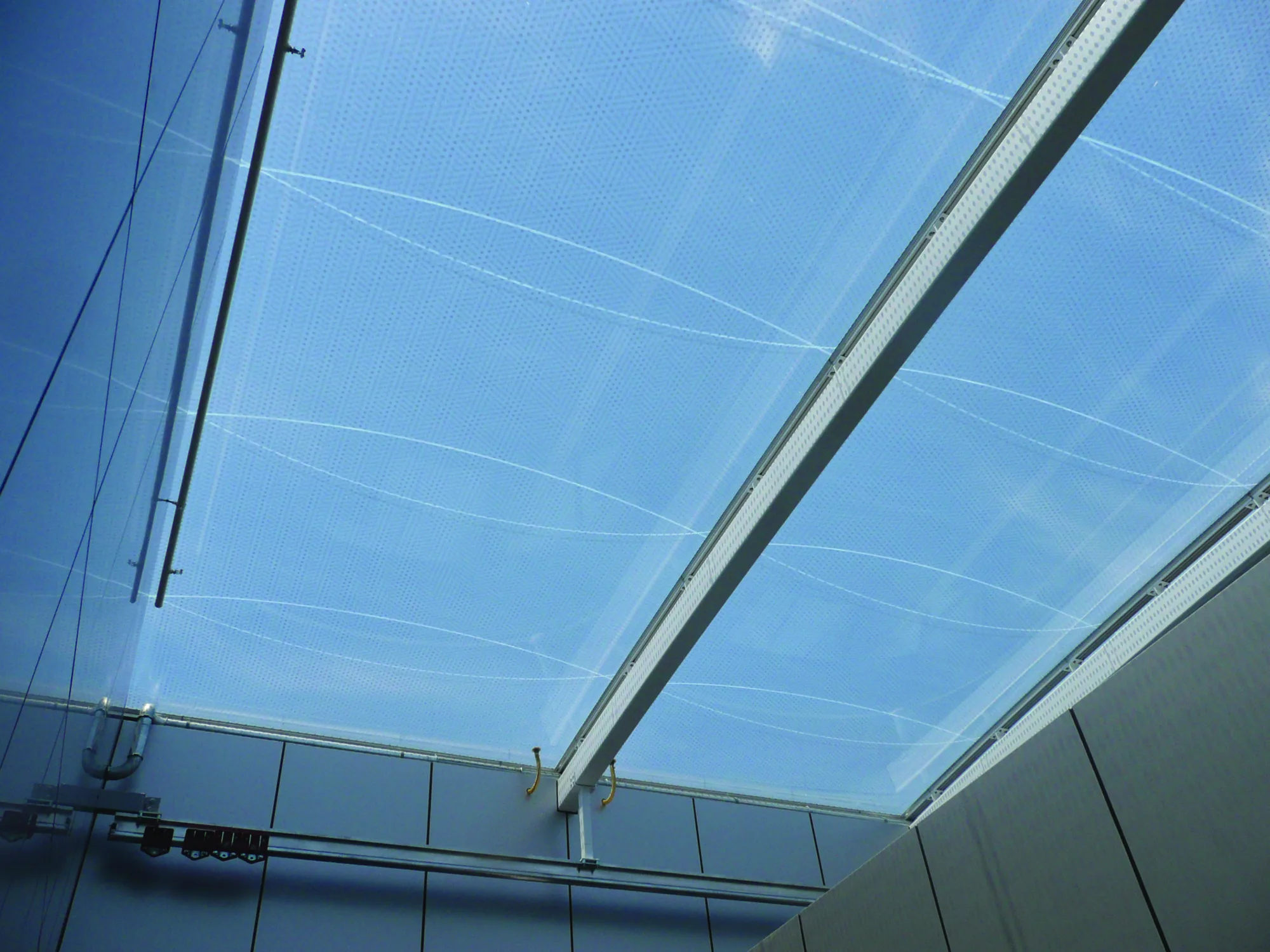 Interior view of roof with large skylights