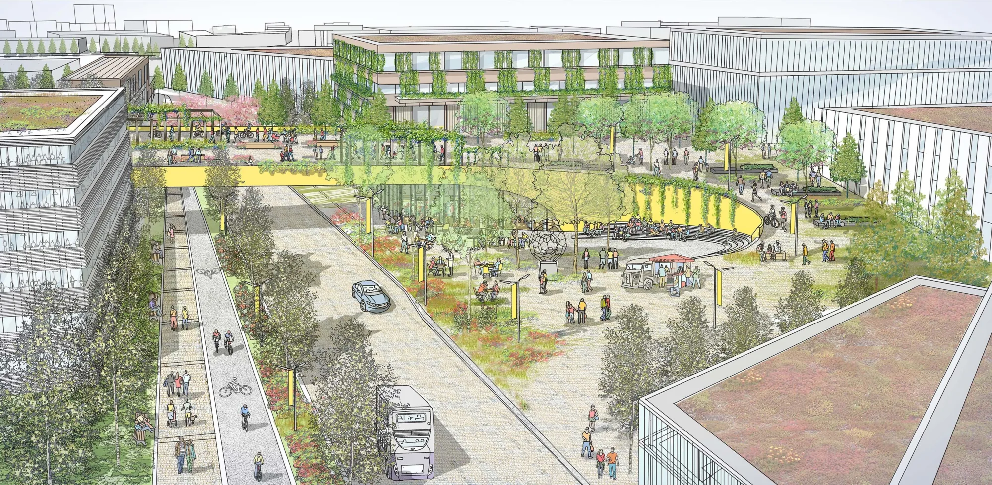 Artists impression of a pedestrian walkway crossing a road and leading directly into a building