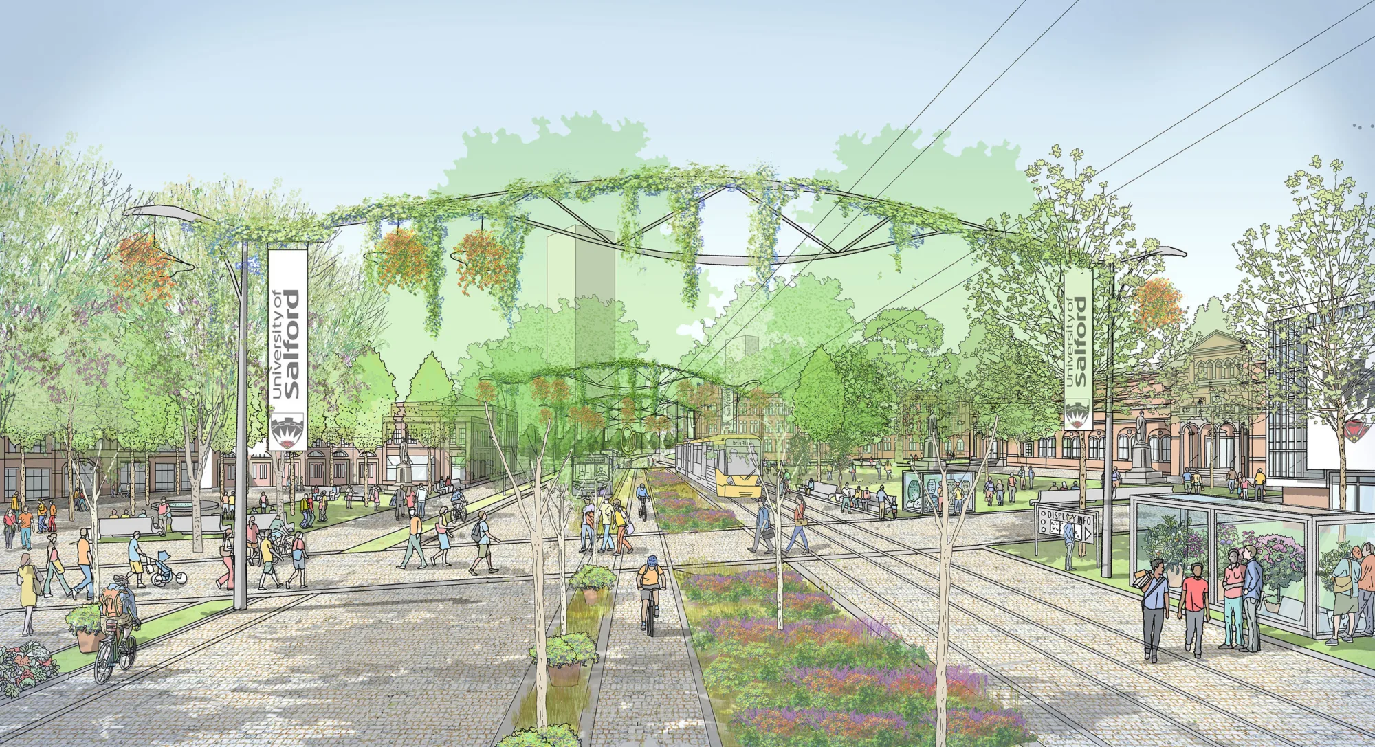 Artists impression of a pedestrianised street in Salford with trainline and surrounding trees