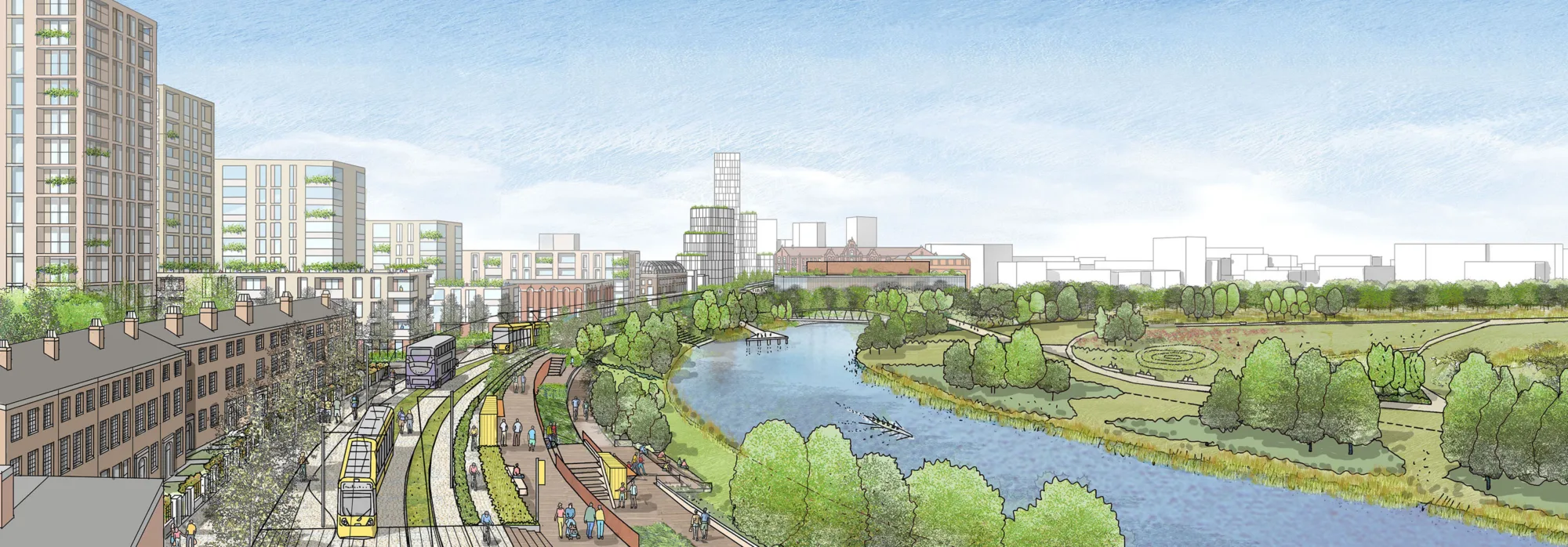 An artists impression of the canal with fields and trees on the right and buildings on the left