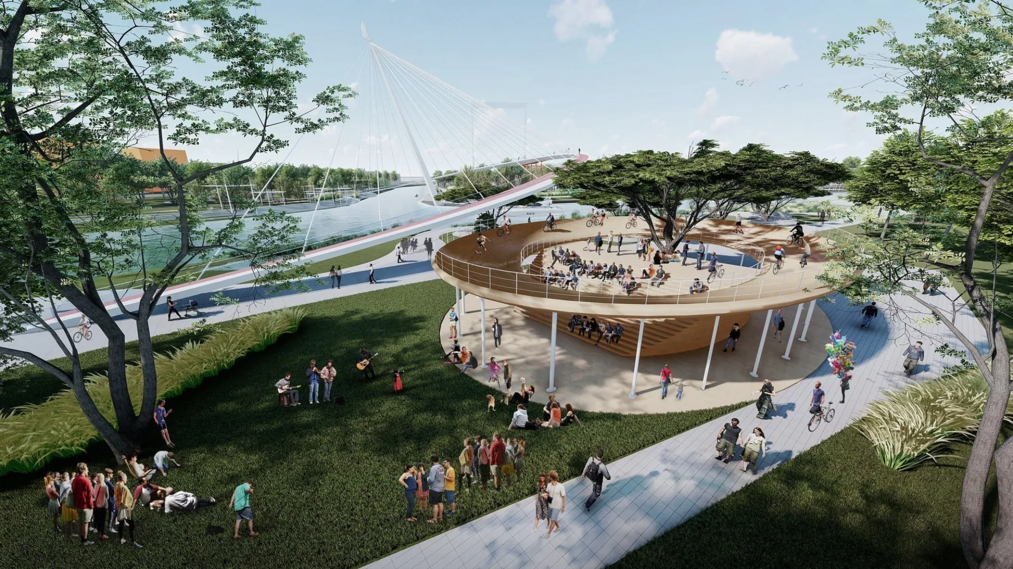 Large curved bridge surrounding a public seating area and greenery besides the bridge.