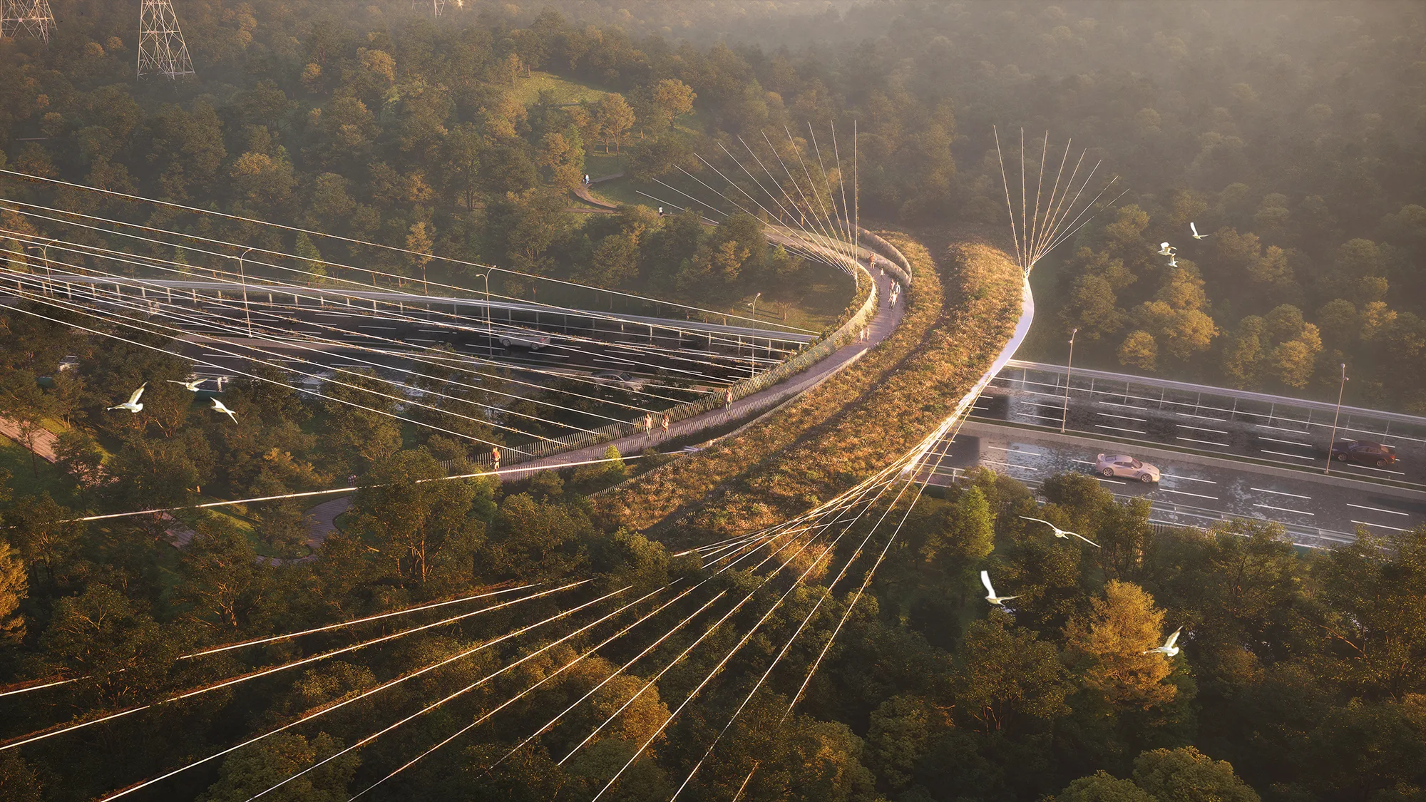 To support the bridge, cables are anchored to the mountains on both sides of the valley