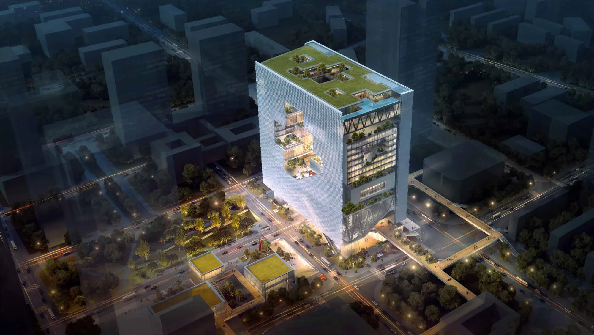 Aerial night-time shot of the building, the “Dynamic Rubik’s Cube” and lighting design.