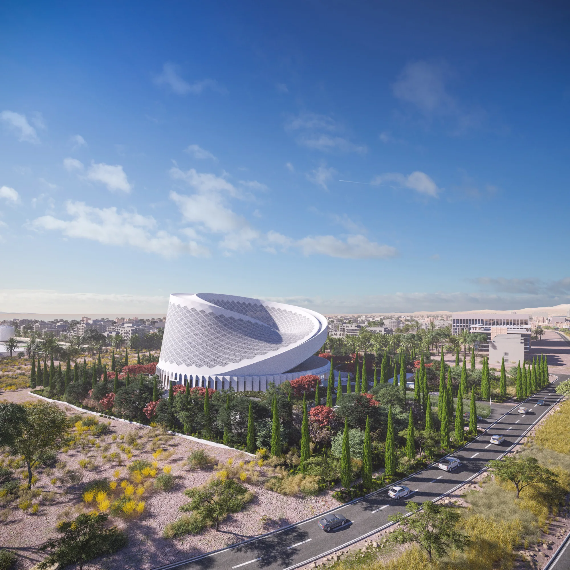 External side view of Sohar International Bank in Muscat,Oman with trees surrounding the building. This is computer generated.