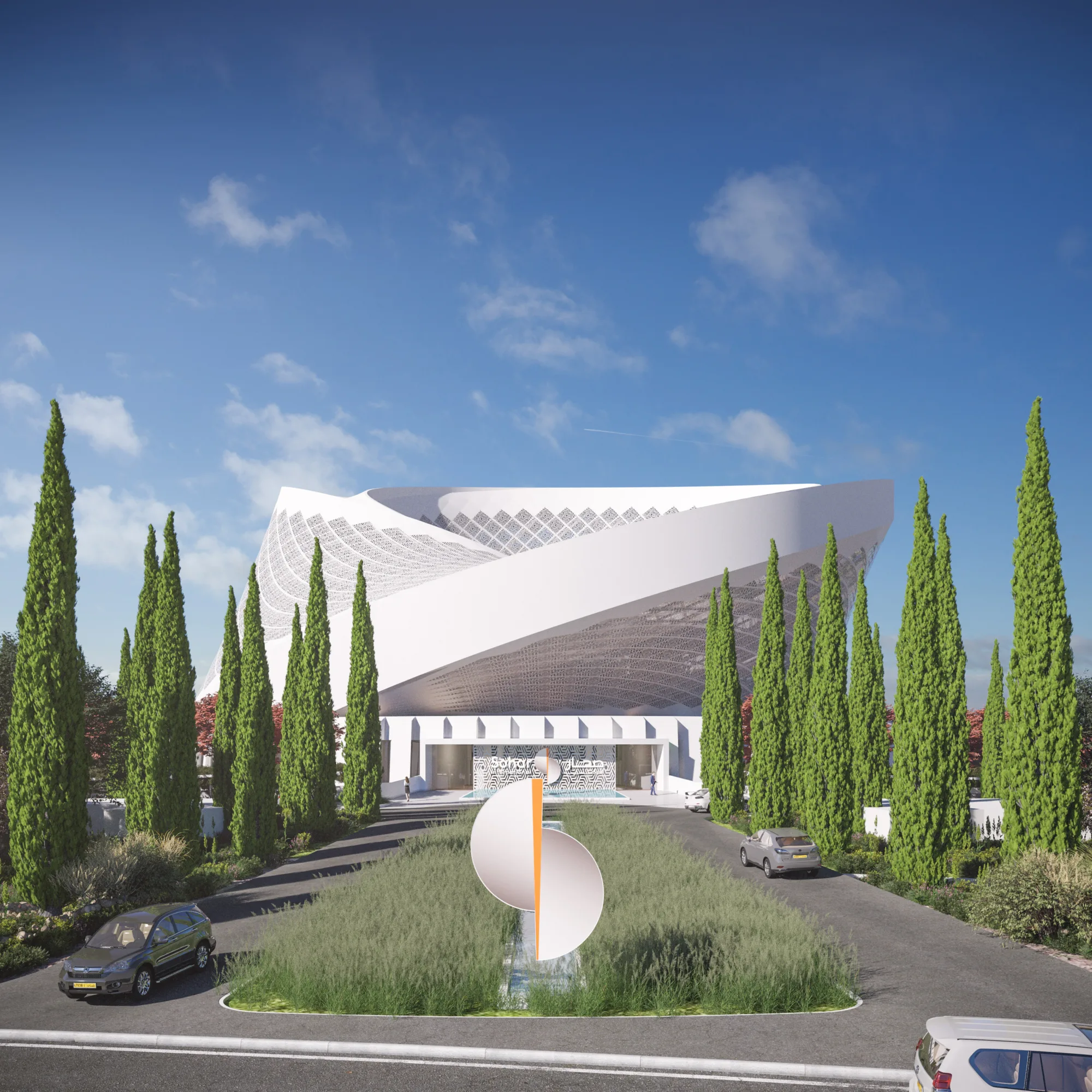 External front entrance view of Sohar International Bank in Muscat,Oman with trees surrounding the road. This is computer generated.