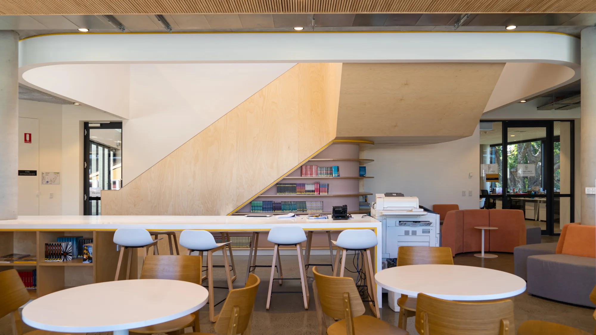 Library work space and stairwell.