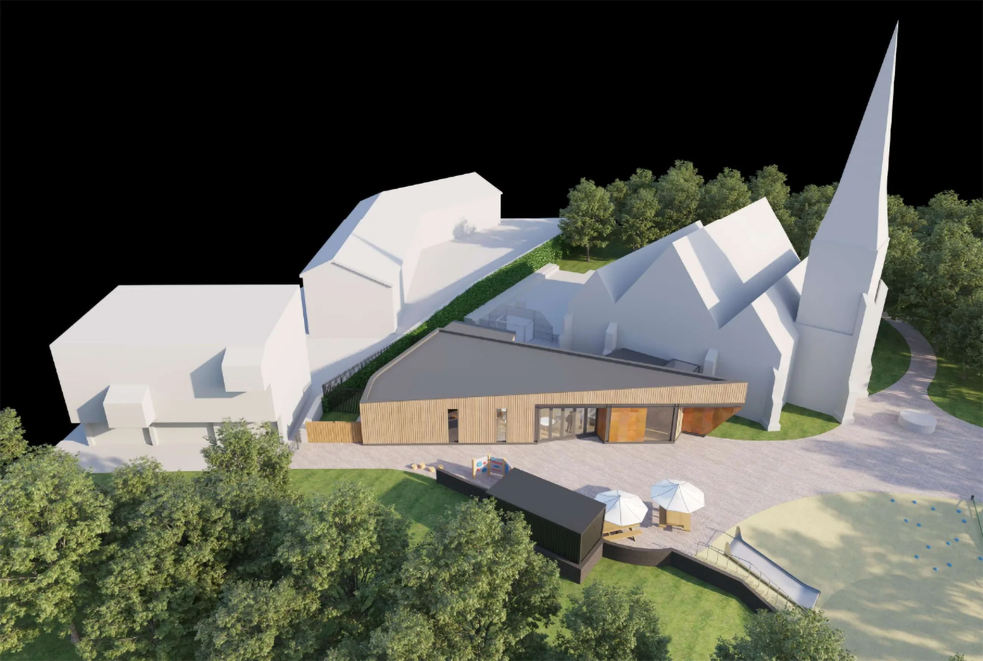 Aerial visual of extension and proposed works