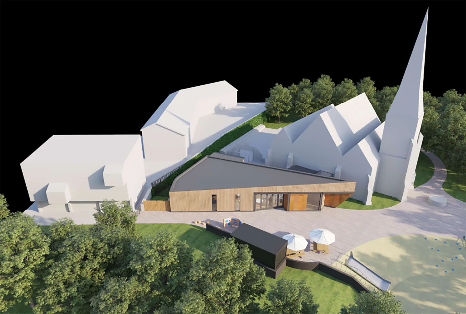 Birdseye view CGI of extension and church
