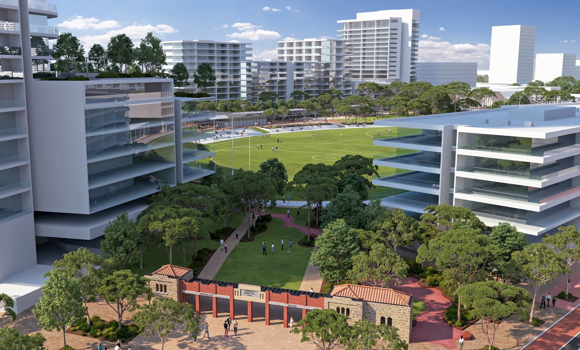 CGI showing the entrance to the Sub East Municapl Oval including surrounding greenery and buildings.