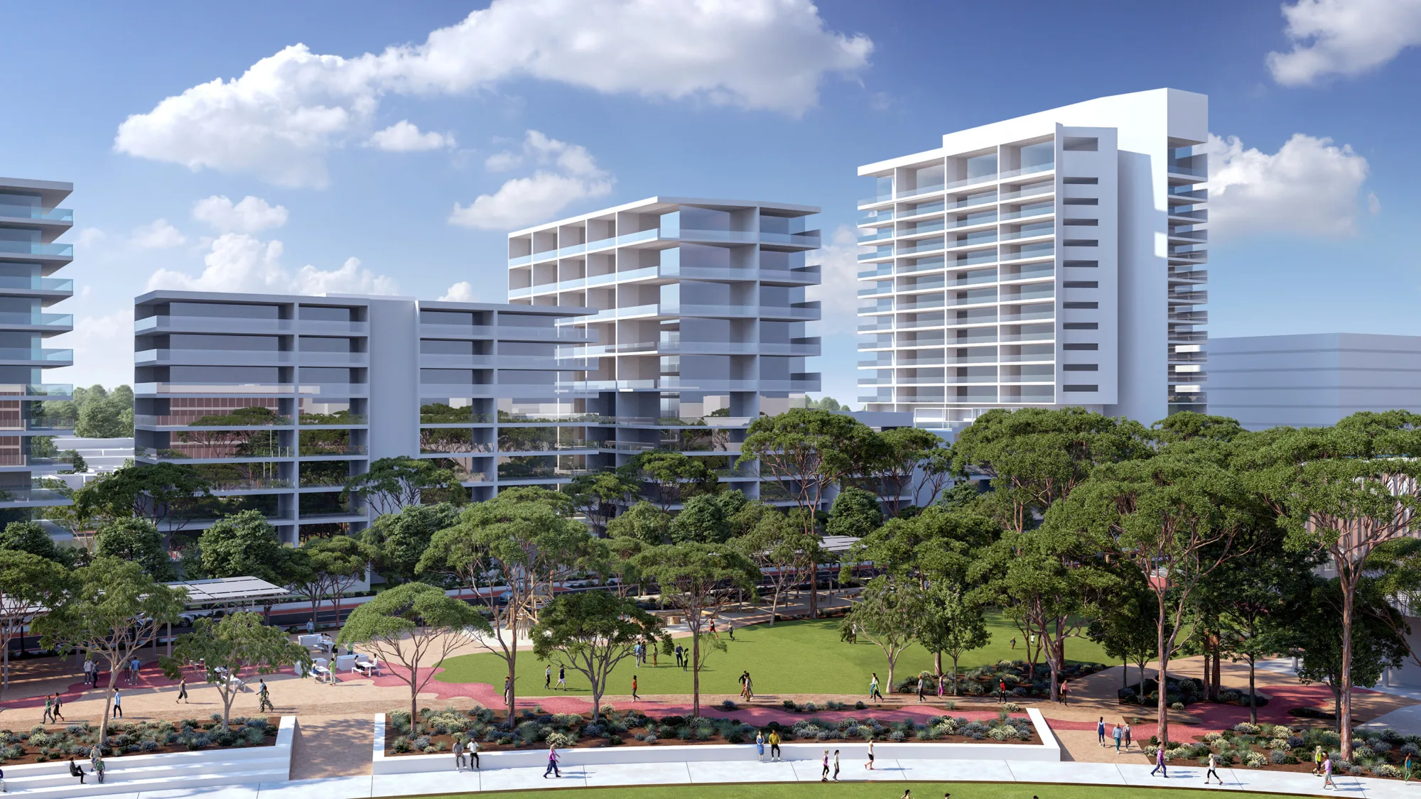 Buildings and greenery as a part of the Subi East masterplan are shown in this CGI of the development.