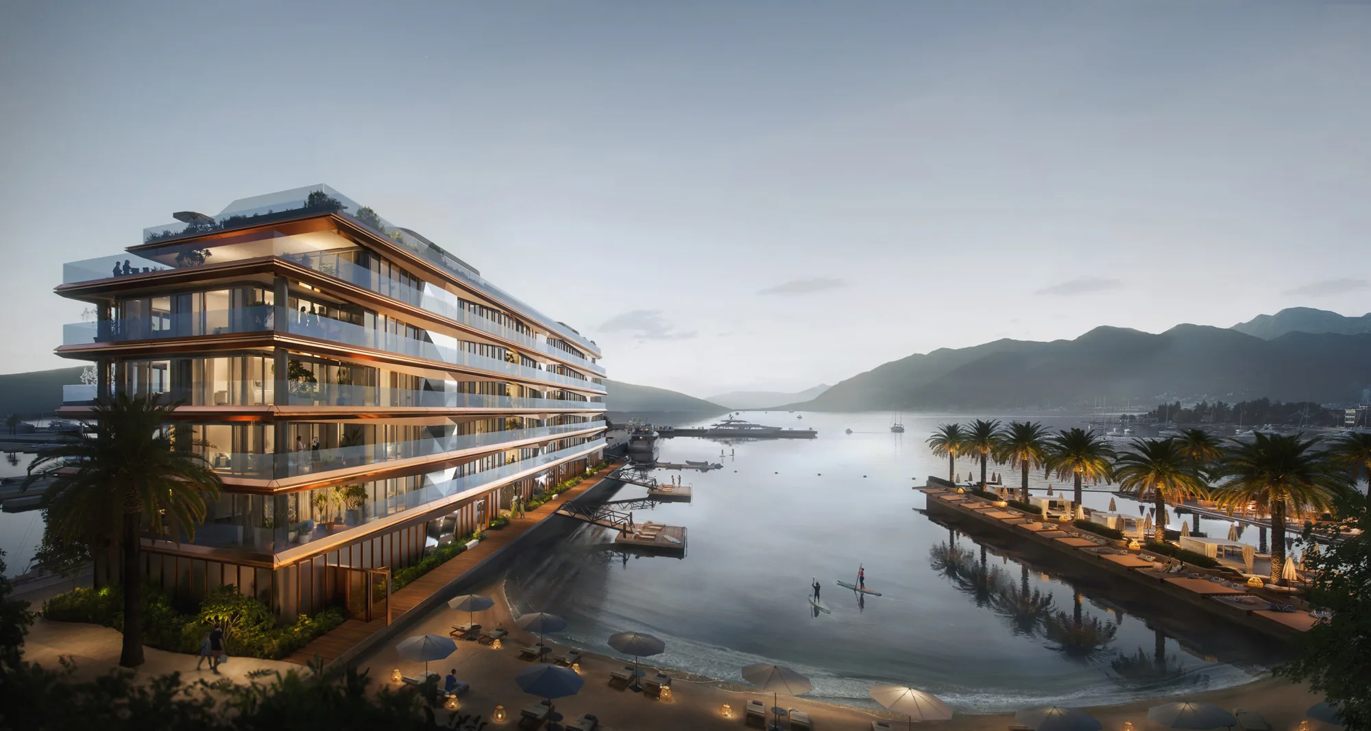 CGI of Synchro Yards building from an angled view showing lake with paddle boarders and mountains in background