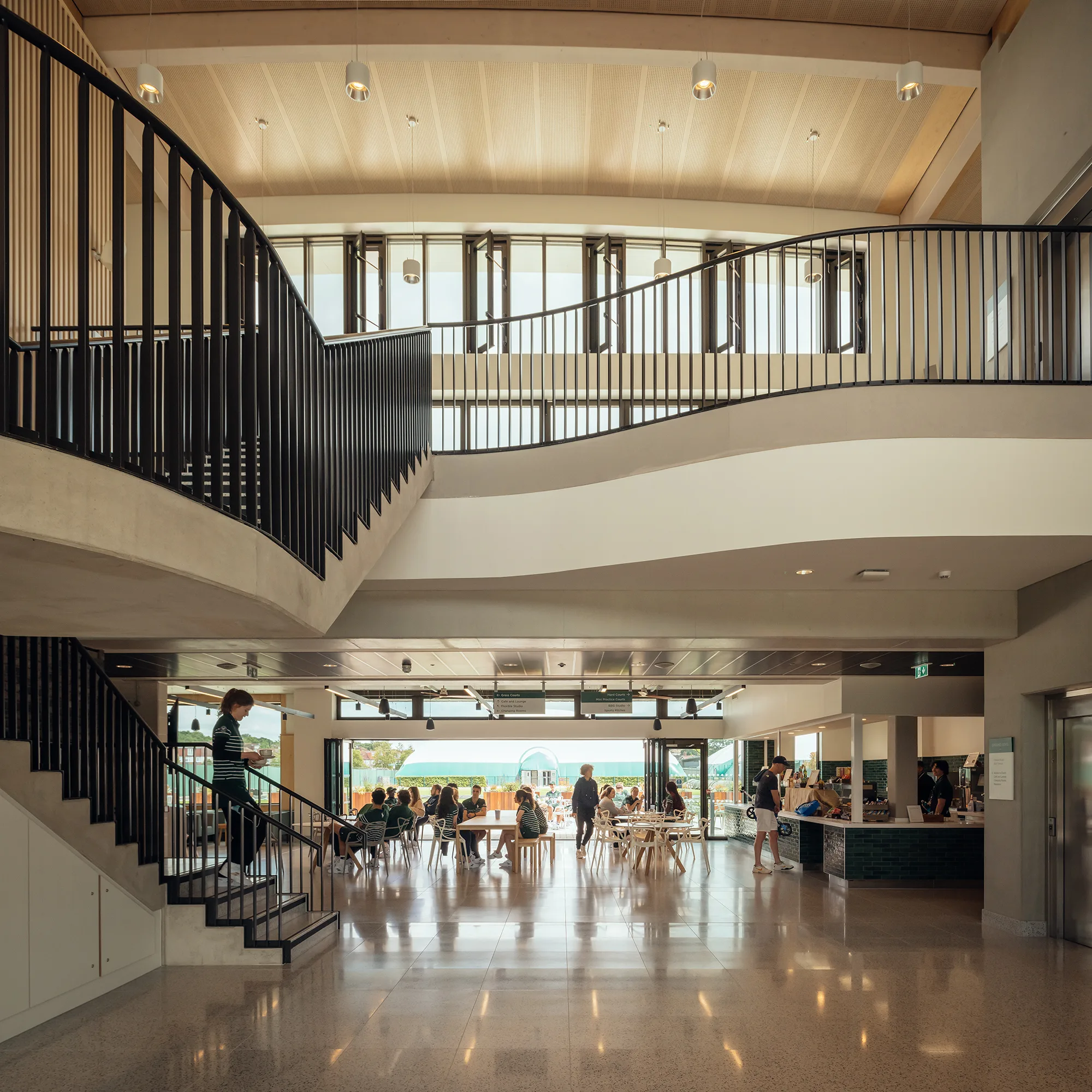 Atrium area with stairs and seating area
