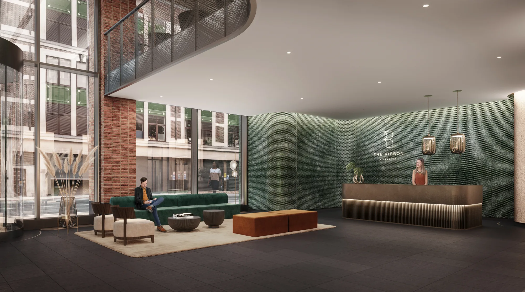 Reception area of building with receptionist and someone waiting