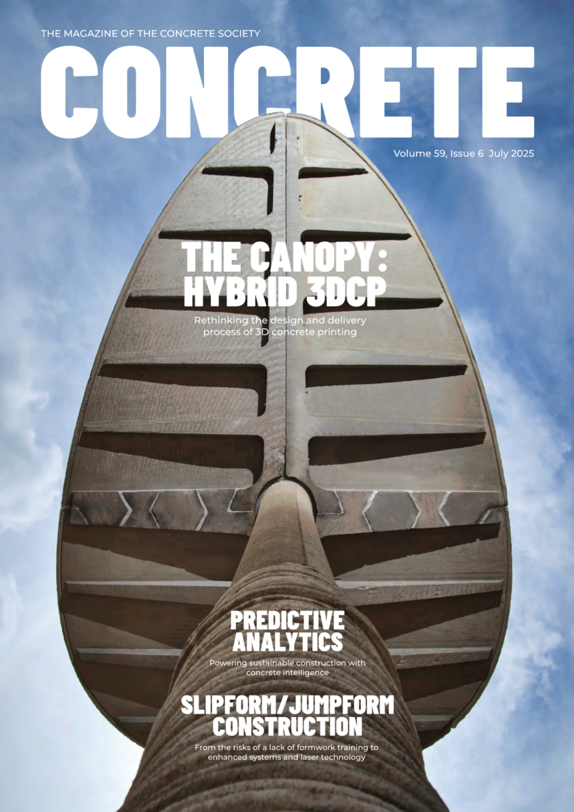 Cover of 'Concrete' magazine, Volume 59, Issue 6, July 2025. Features a large concrete structure shaped like a leaf against a blue sky. Visible text: 'THE CANOPY: HYBRID 3DCP,' 'PREDICTIVE ANALYTICS,' and 'SLIPFORM/JUMPFORM CONSTRUCTION.