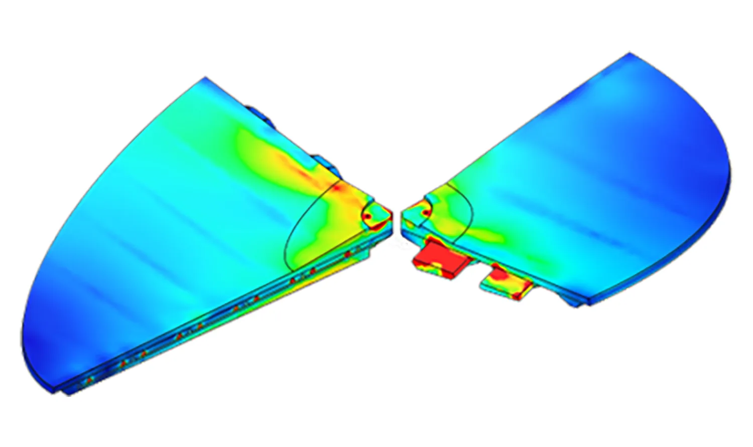 Computer-generated stress analysis of two separated, curved, wing-like structures using a blue-to-red gradient to indicate stress levels, with blue as low and red as high.
