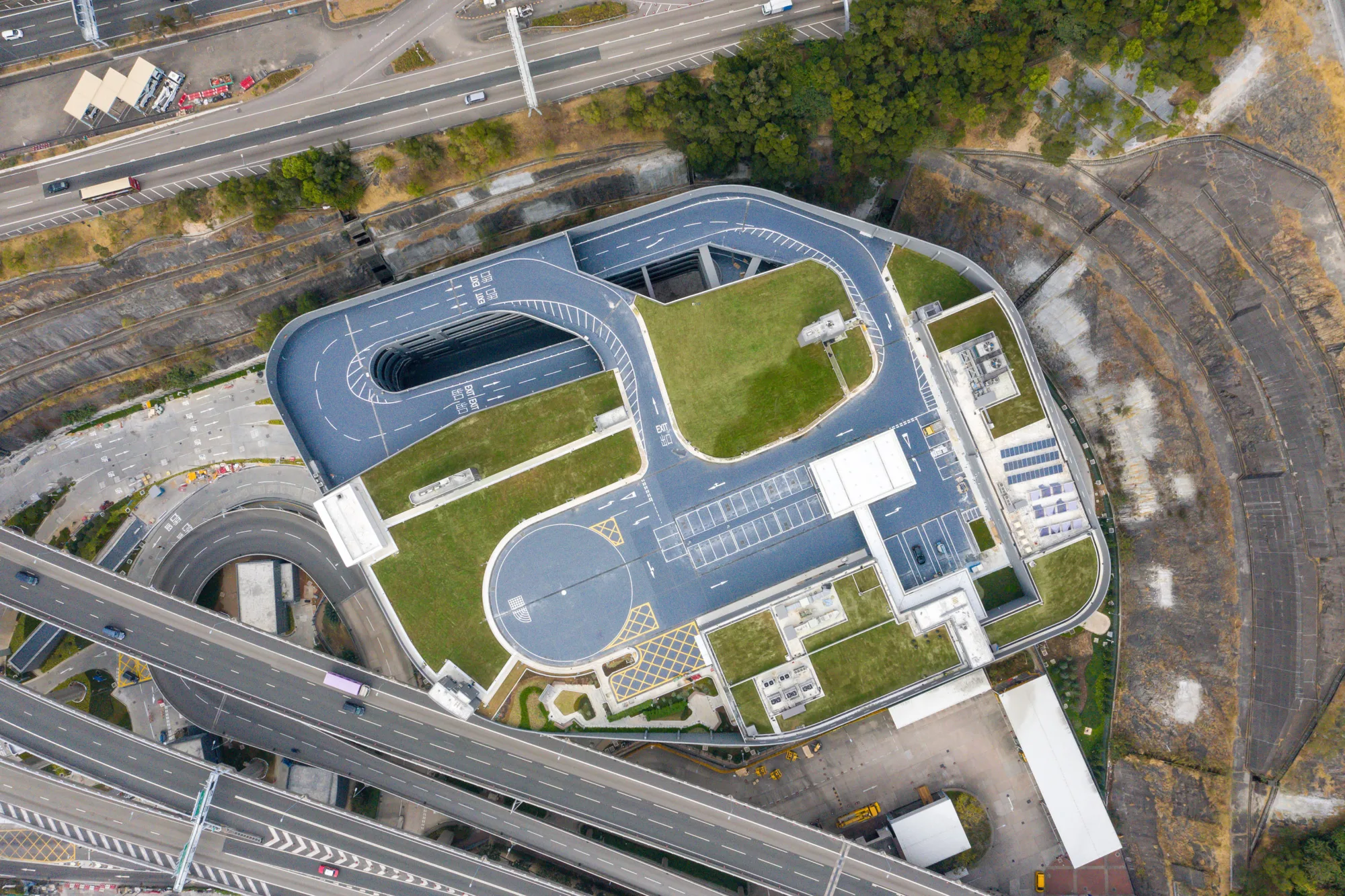 Birds-eye view of the Transport Department Vehicle Examination Complex; roof level