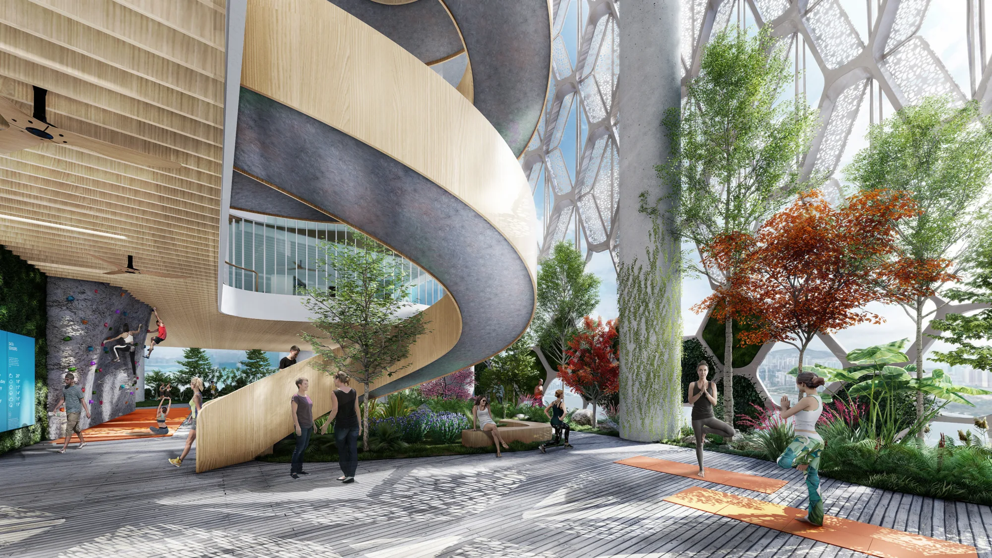 CGI - Ground floor atrium with people practicing yoga in front of a curved staircase