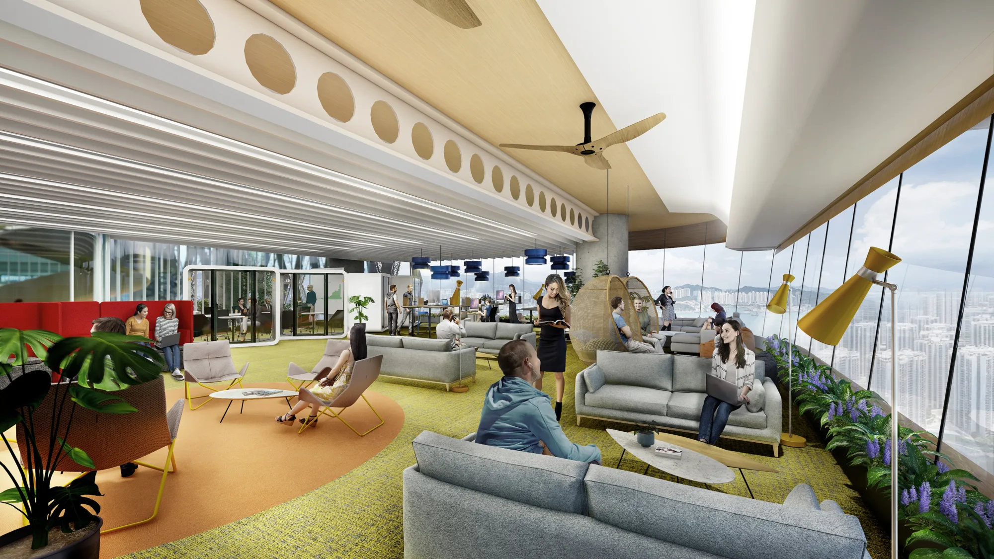 CGI - Interior floor of the building with people sat on sofas surrounded by plants and exposed ceiling beams