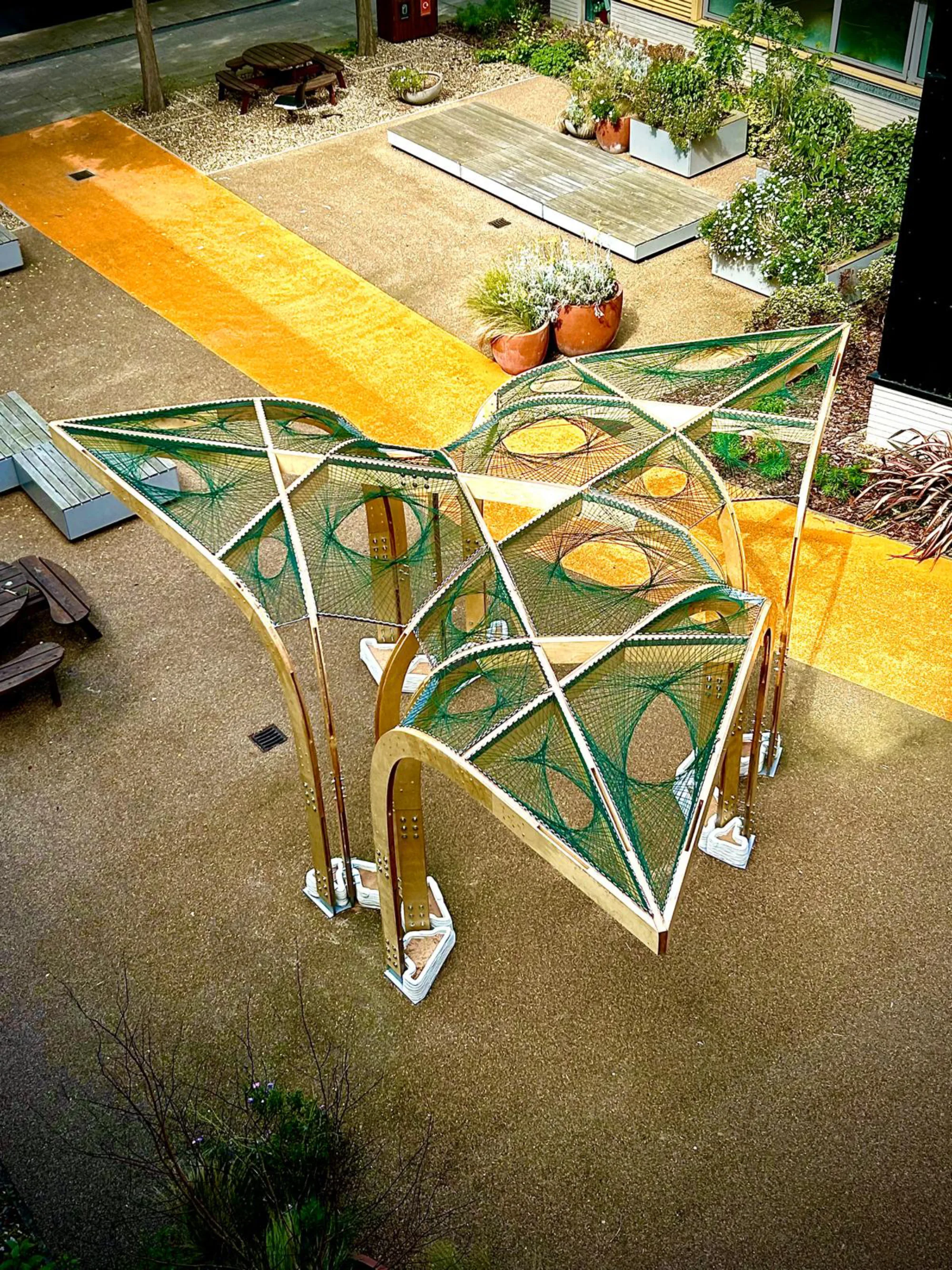 Aerial view of the pavilion and surrounding garden