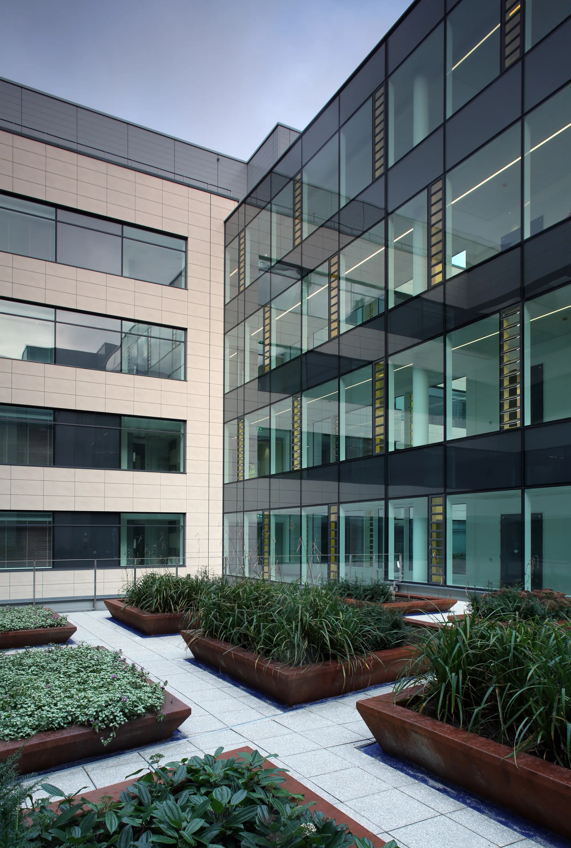Internal courtyard with large wooden plant boxes