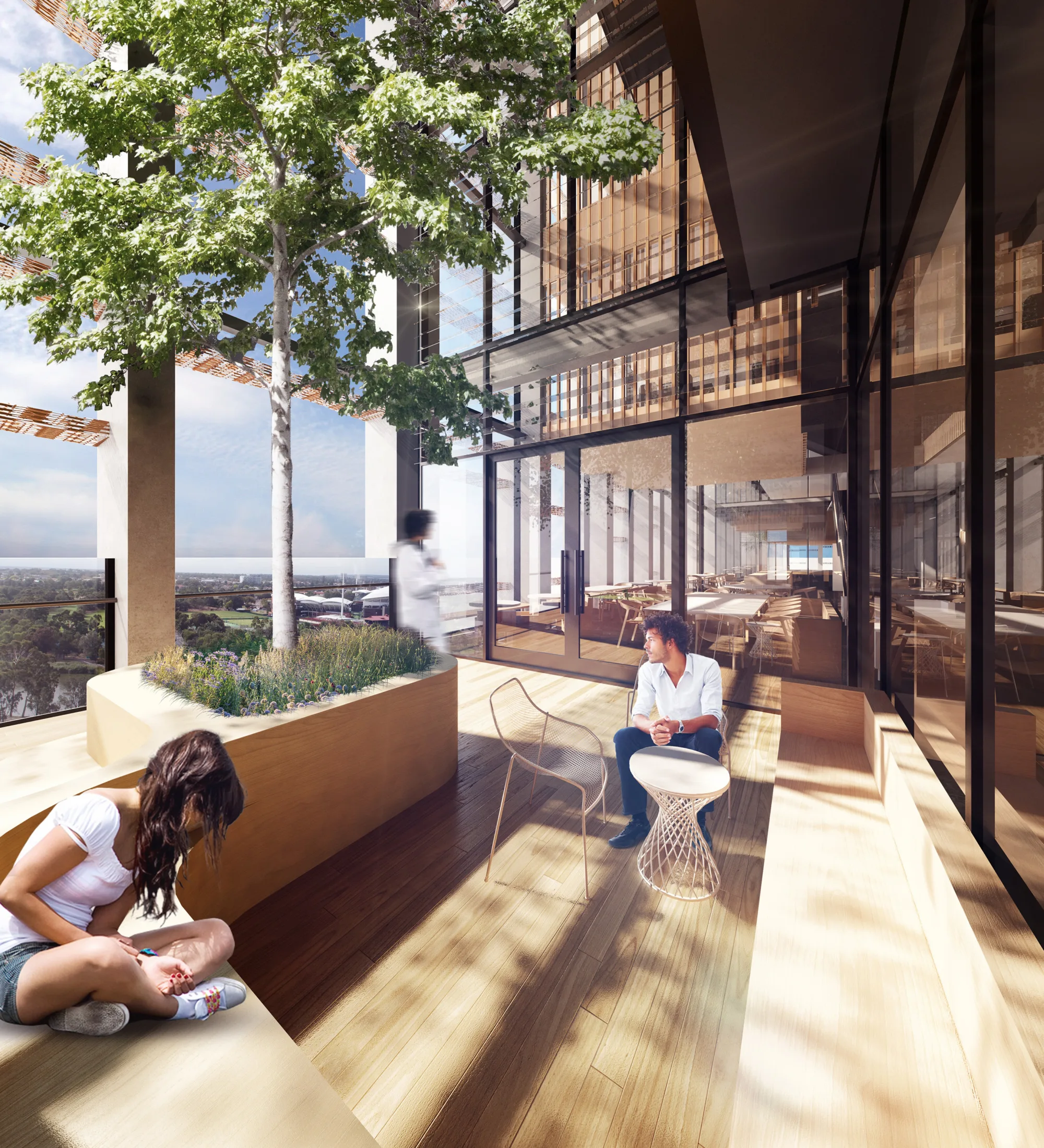 Artist's impression of outdoor balcony with seating area.