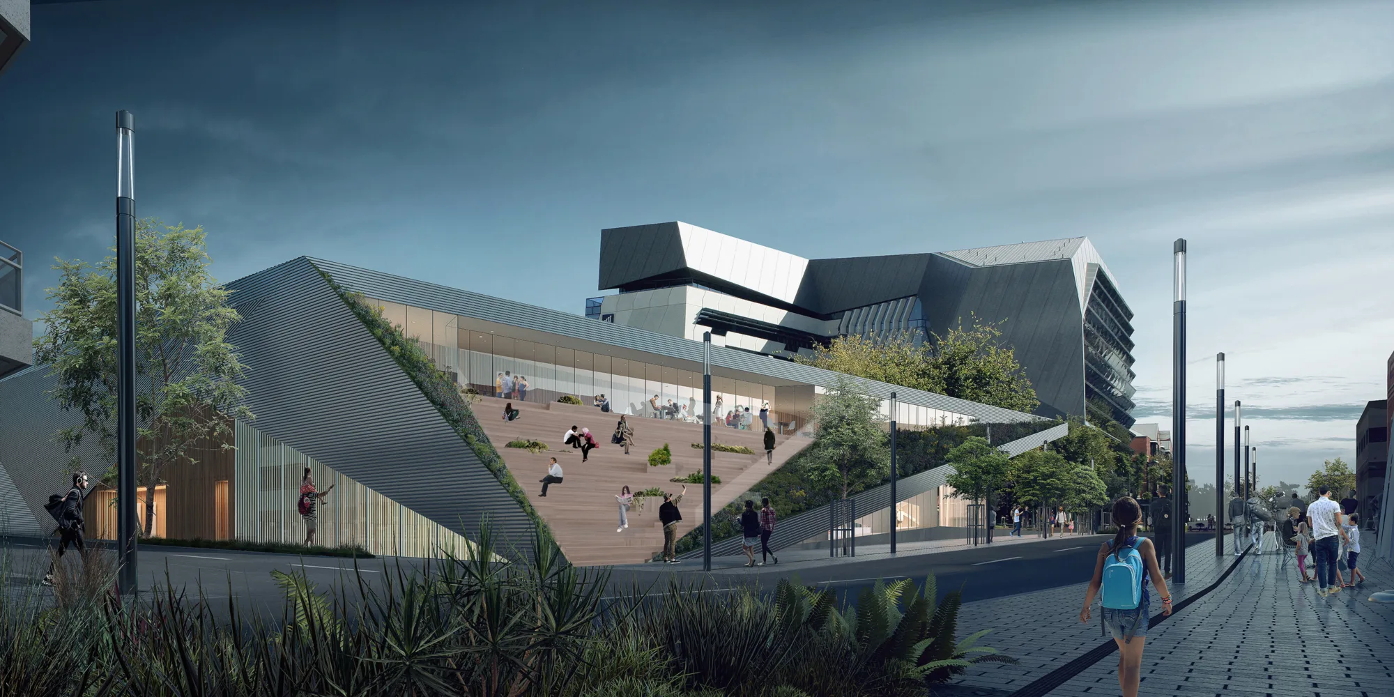 Masterplan render, street view of Pridham Hall on campus.