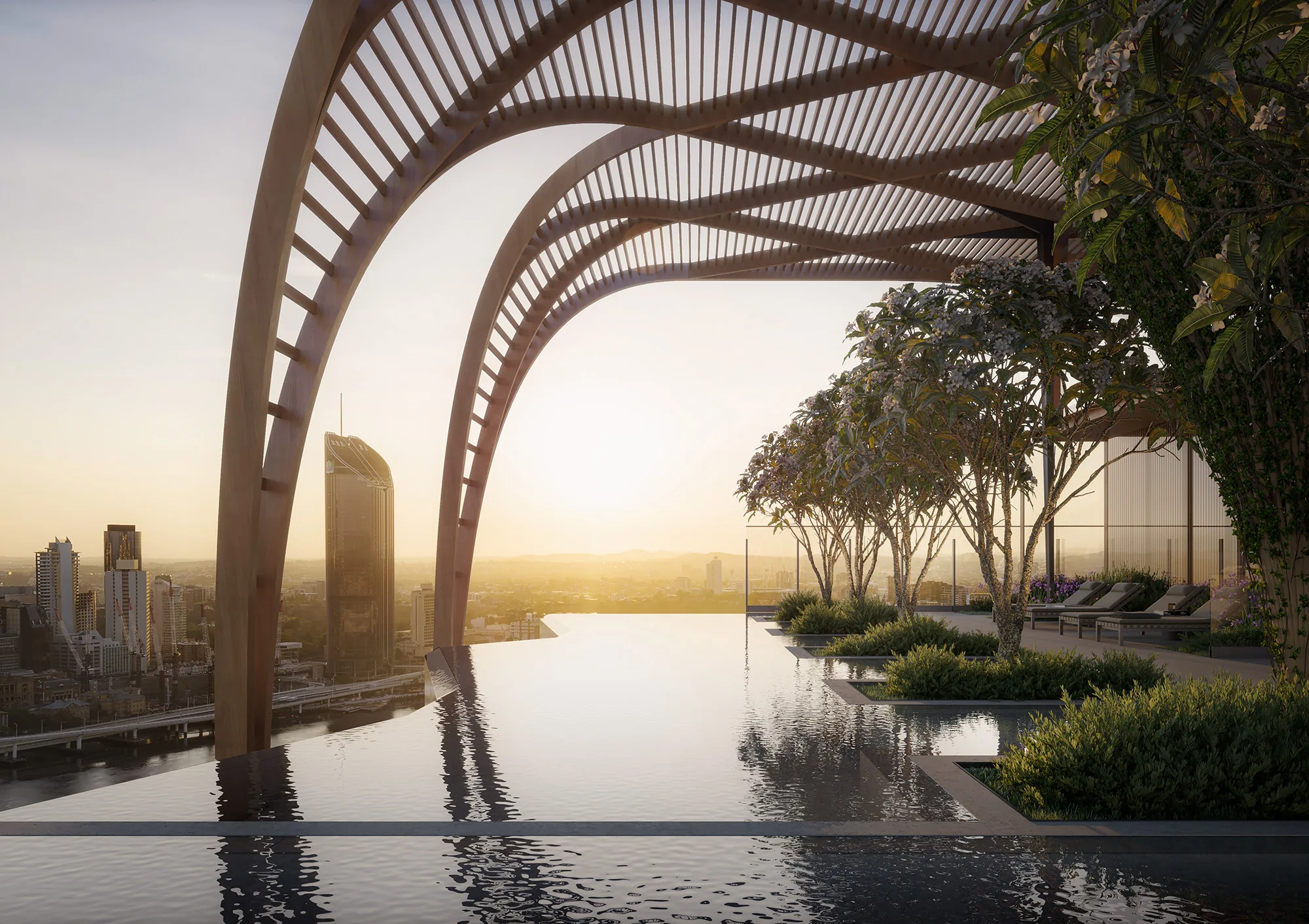Artist’s impression of rooftop pool and wooden archways from alternate perspective.