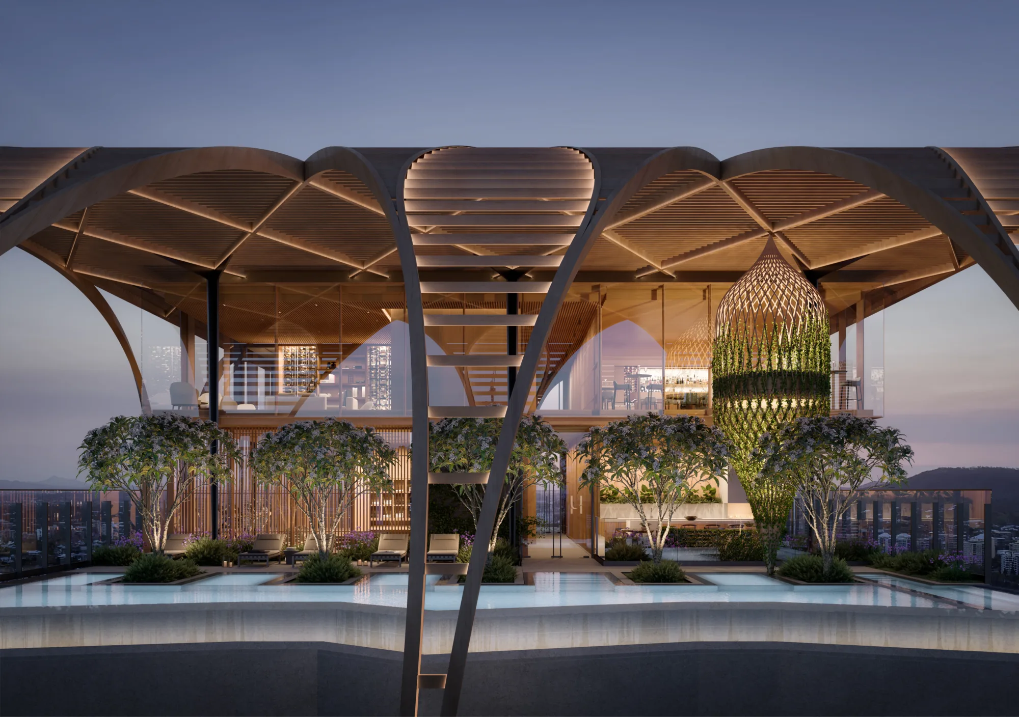 Artist’s impression, drone’s view of rooftop pool and wooden archways from outside perspective.