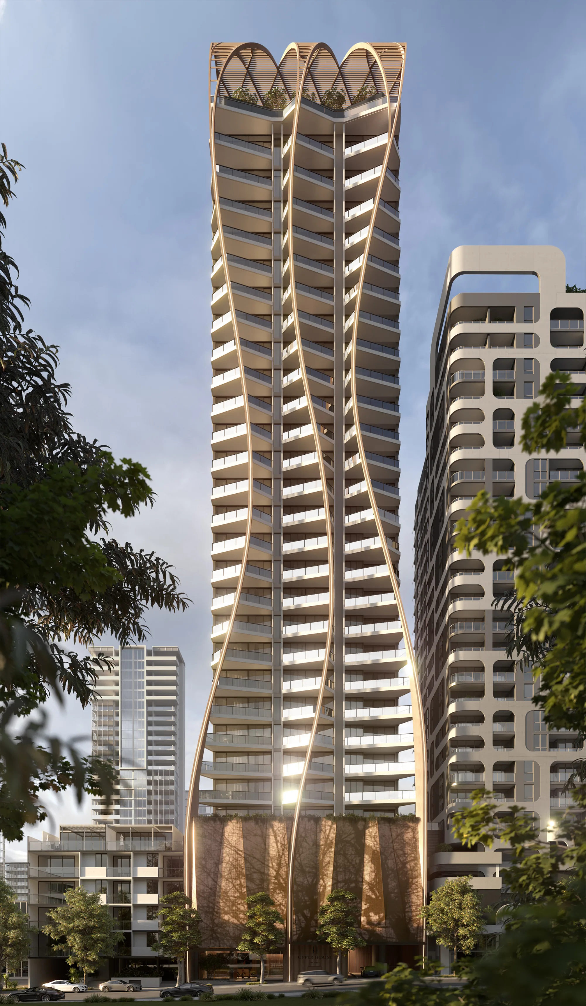 Artist's impression of the outer view of the entire building, a curved façade reaching up towards a blue sky