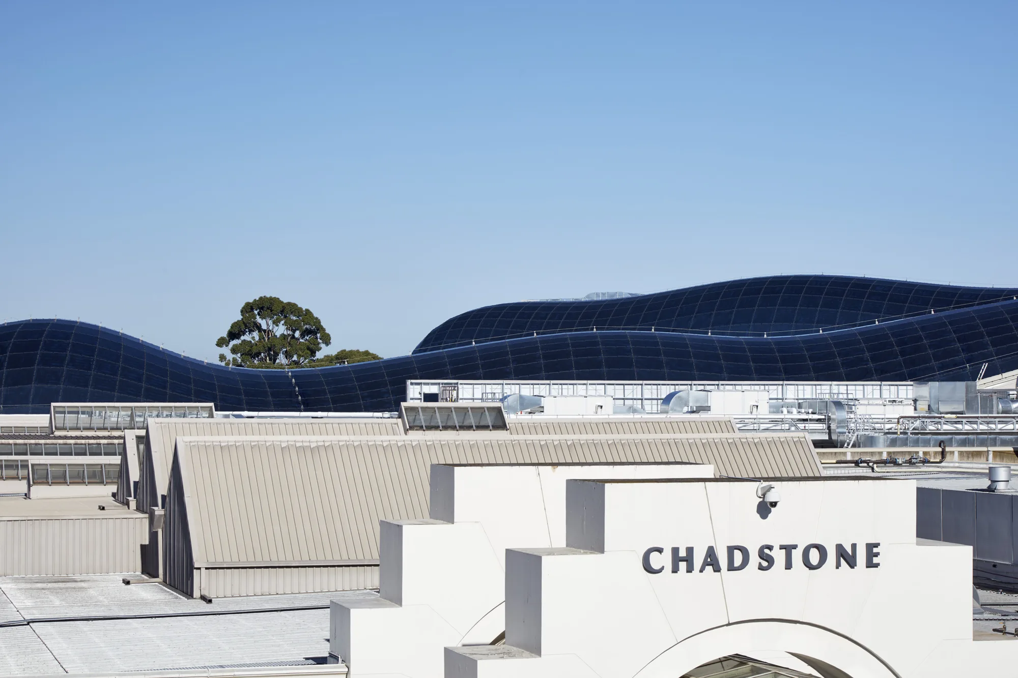 Exterior view of statement, curved roofing.