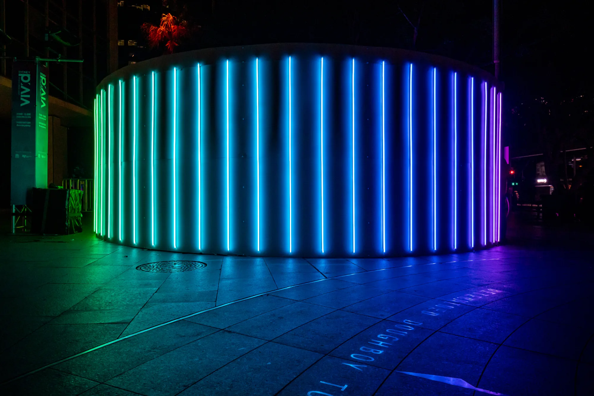 The back side of the lighting installation showing the purple lighting strips.