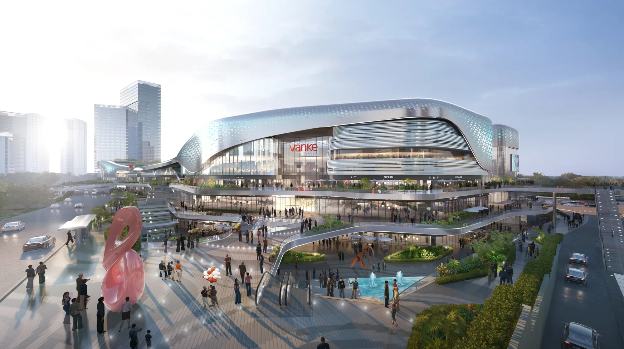 The unique exterior of Vanke Square is highlighted by clever lighting design next to a large pedestrian walkway and a road