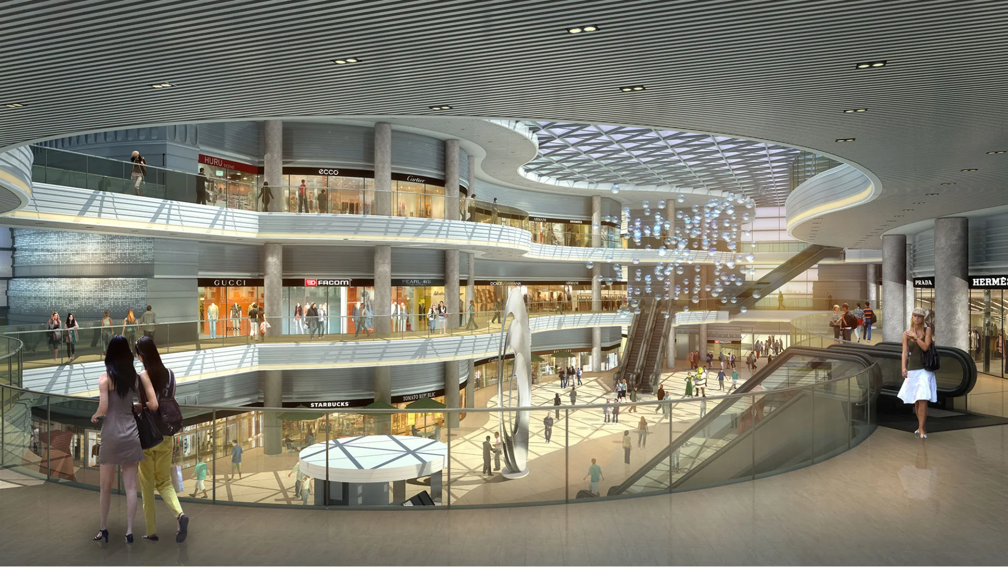 Interior view of mall featuring open space in the middle section across all storeys surrounded by retail outlets