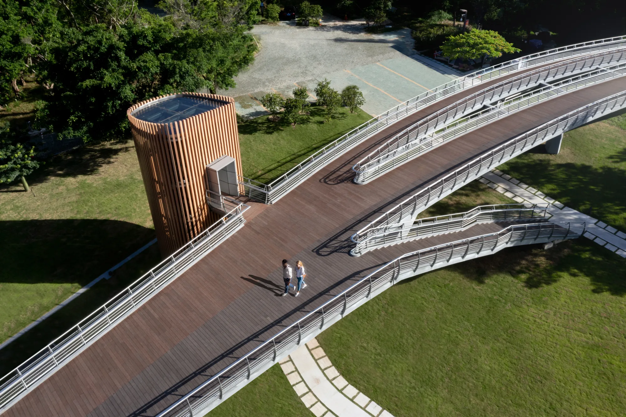 Zhuhai Ban Zhang Mountain Bridge from above show landscape below and people walking over