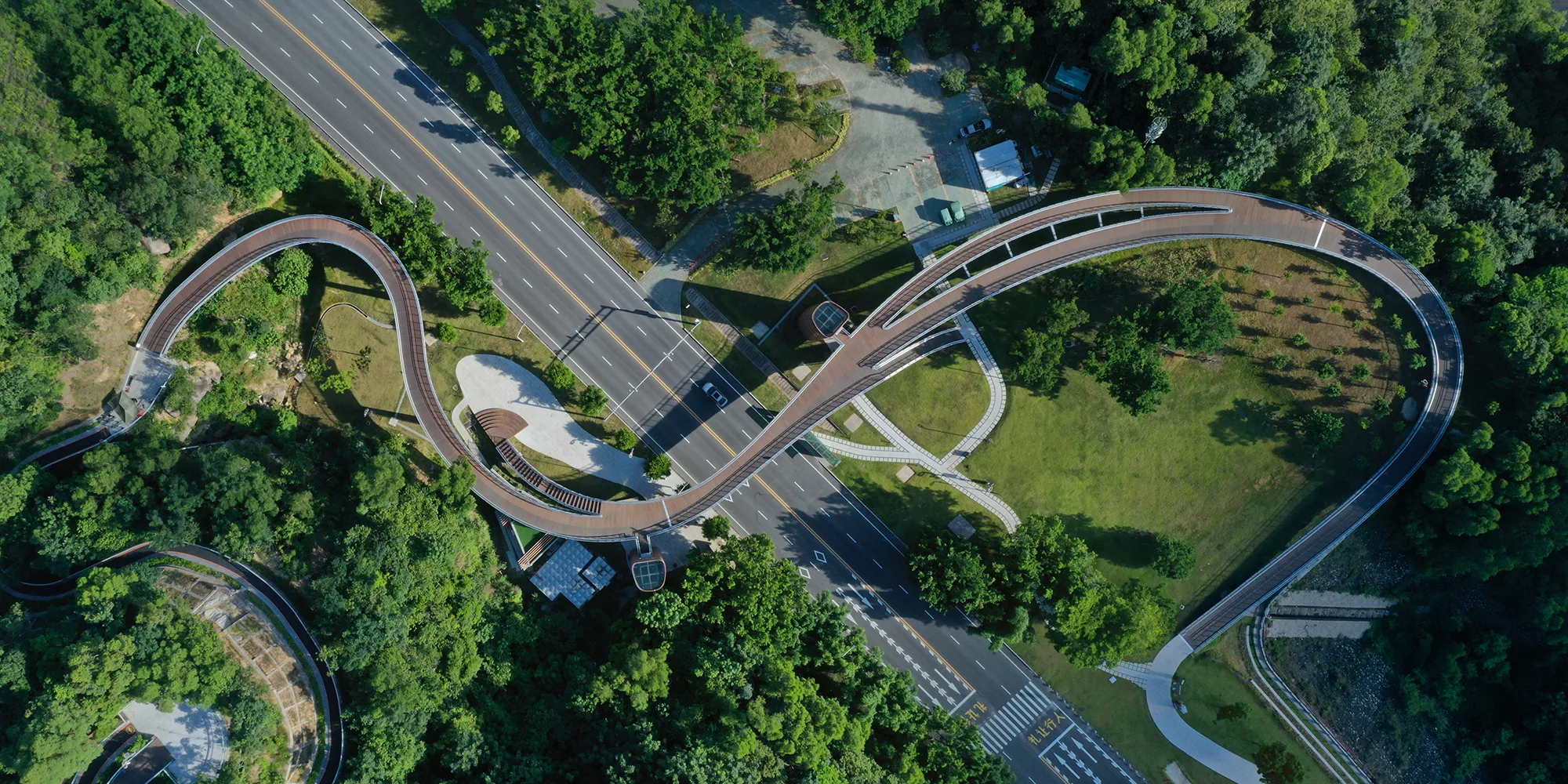 Aerial view of Zhuhai Ban Zhang Mountain Bridge with surround landscape and road