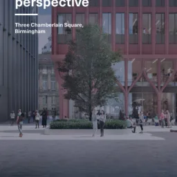 Urban scene with people walking and sitting near a modern building with large windows. Text reads "Carbon saving in perspective, Three Chamberlain Square, Birmingham." The logo "CUNDALL" appears in the bottom right corner.