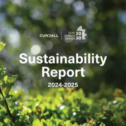 Close up of a green leafy bush, with the Cundall and ZCD2030 logo and Sustainability Report 2024-2025.