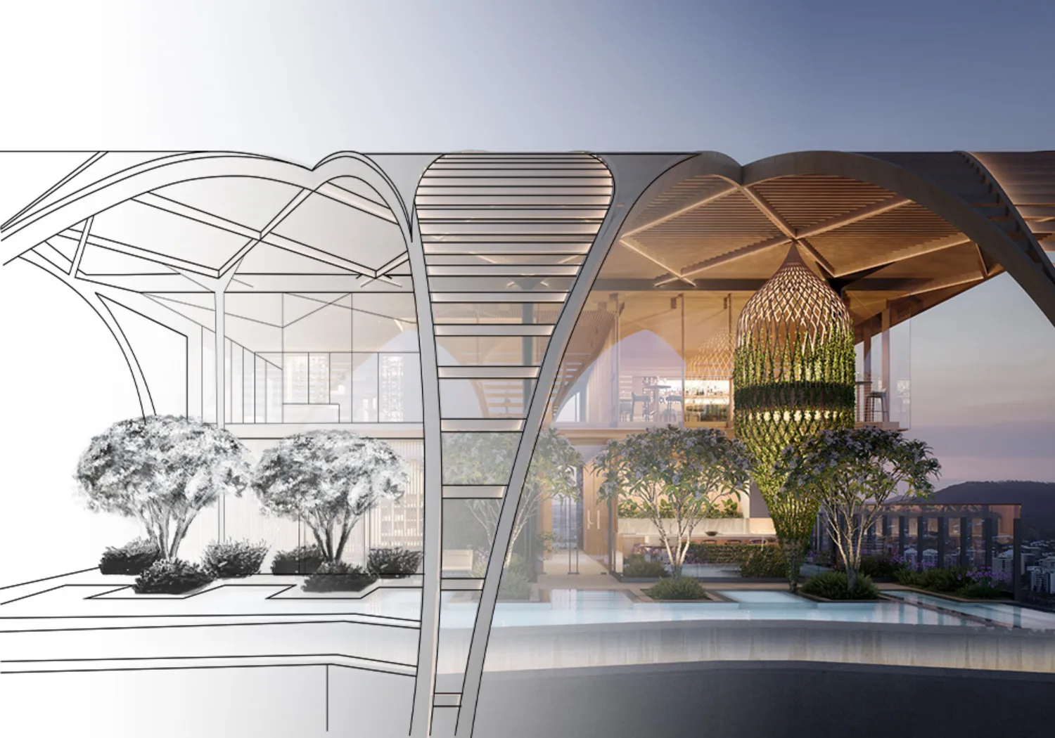 CGI of Aria project morphing into a line drawing