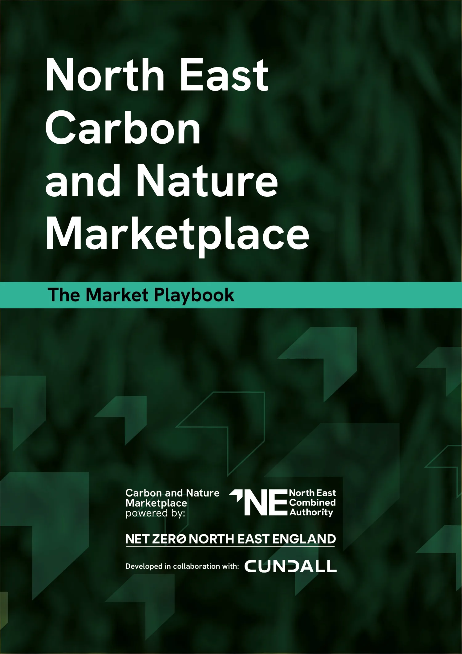 Cover of “North East Carbon and Nature Marketplace: The Market Playbook” with logos and text referencing Net Zero North East England, North East Combined Authority, and Cundall collaboration