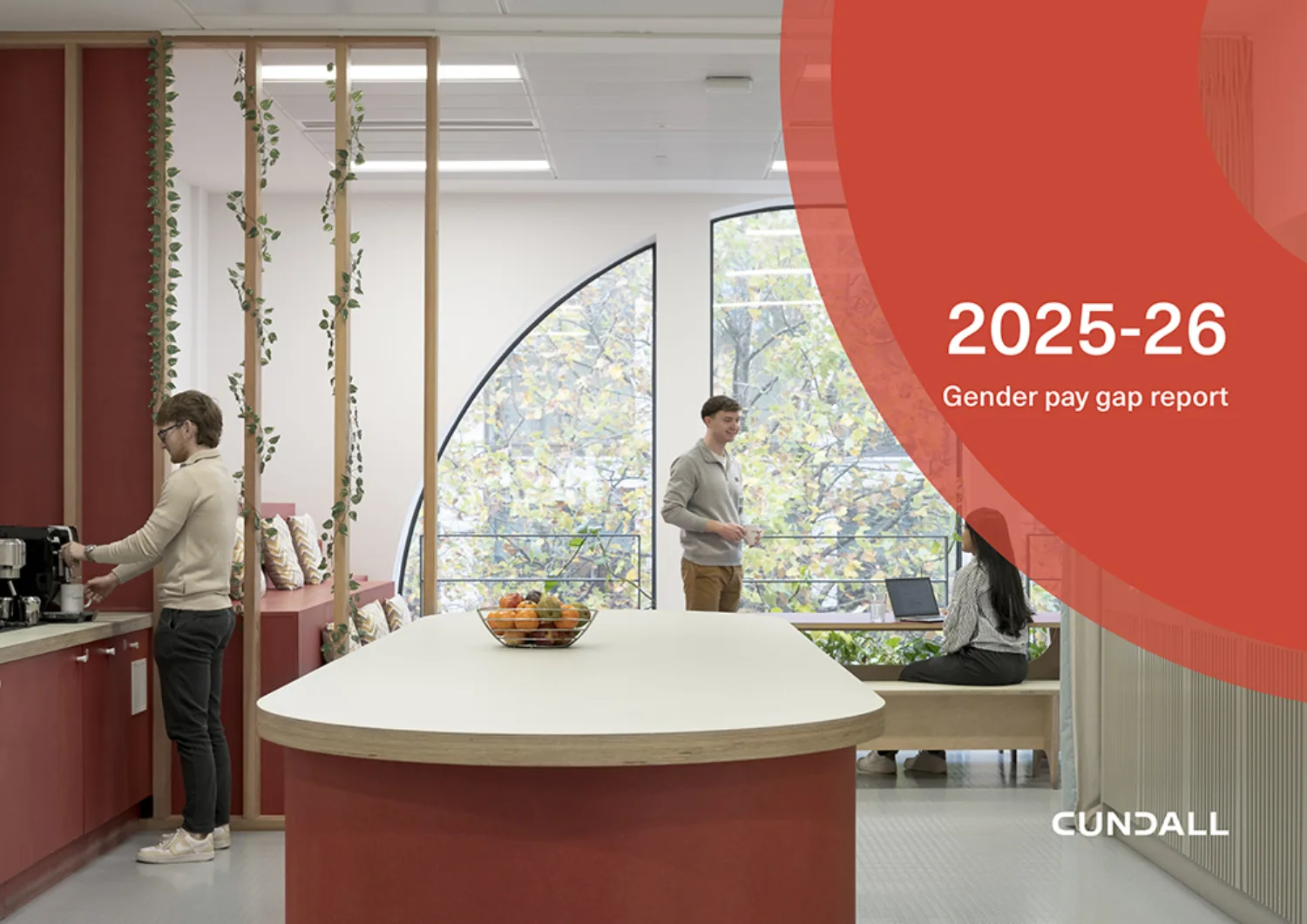 2025-26 Gender pay gap report text and image of the Cundall Dublin kitchen area with people in